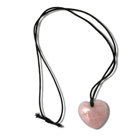 Heart Rose Quartz Pendant Necklace Fabric Cord Taurus Birthstone Pink Stone Boho - Picture 1 of 6